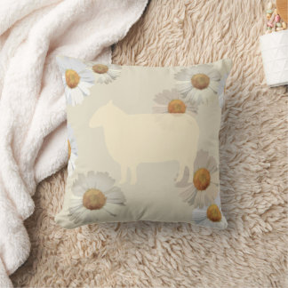 Sheep Silhouette and Floral Daisies Throw Pillow Kissen