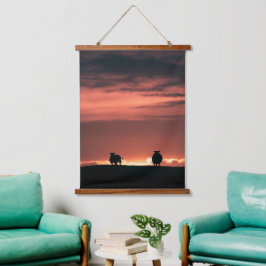 Sheep Sunset Nature Foto Wandteppich Mit Holzrahmen