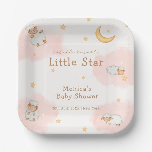 Sheep Twinkle Twinkle Moon Stars Girl Babydusche Pappteller (Vorderseite)