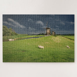 Sheep with windmills under dark clouds puzzle