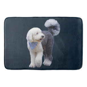 Sheepadoodle mit blauem karierten Schal Badematte