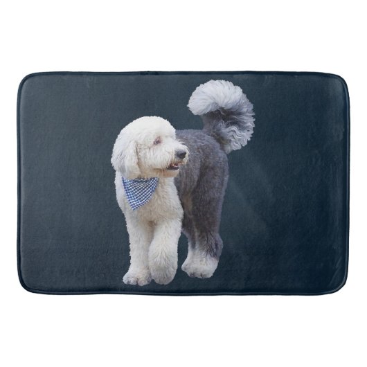 Sheepadoodle mit blauem karierten Schal Badematte (Vorderseite)