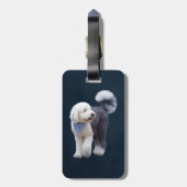 Sheepadoodle mit blauem karierten Schal Gepäckanhänger (Rückseite vertikal)