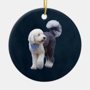 Sheepadoodle mit blauem karierten Schal Keramik Ornament