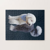 Sheepadoodle mit blauem karierten Schal Puzzle (Horizontal)