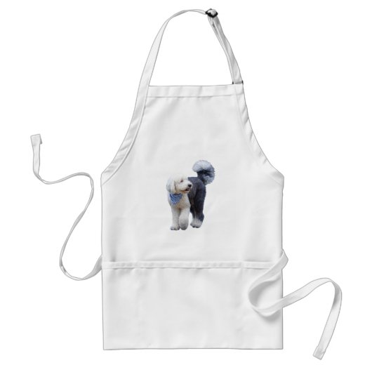 Sheepadoodle mit blauem karierten Schal Schürze (Vorne)