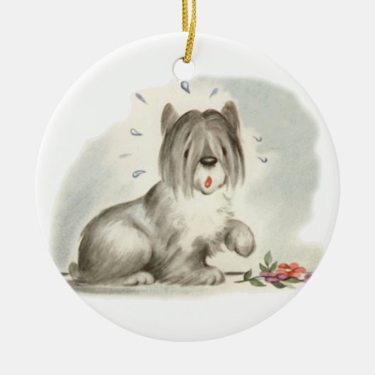 Sheepdog Welpe mit rosa Blume Keramik Ornament (Vorne)