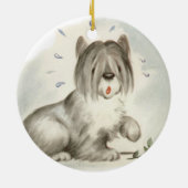 Sheepdog Welpe mit rosa Blume Keramik Ornament (Hinten)