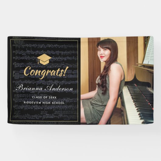 Sheet Music Black & Gold Foto Abschluss Banner (Horizontal)