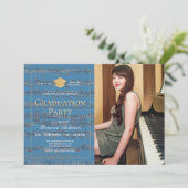 Sheet Music Blue Gold Foto Drive-by-Abschluss Einladung (Stehend Vorderseite)