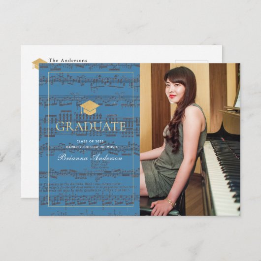 Sheet Music Blue Photo Graduation Announcement Ankündigungspostkarte (Vorne/Hinten)