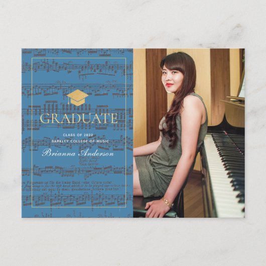 Sheet Music Blue Photo Graduation Announcement Ankündigungspostkarte (Vorderseite)