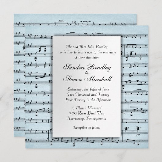 Sheet Music Blue Wedding Einladung (Vorne/Hinten)