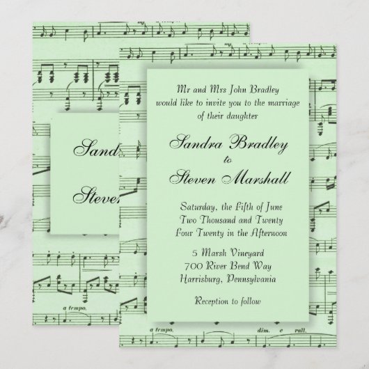 Sheet Music Green Wedding Einladung (Vorne/Hinten)