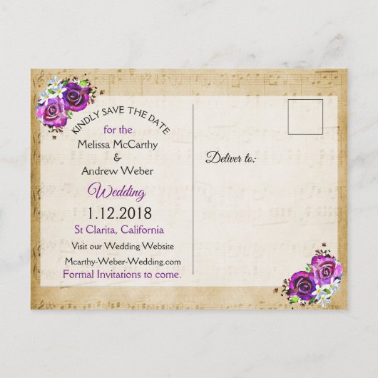 Sheet Music Lila Rose Save the Date Postkarte (Rückseite)