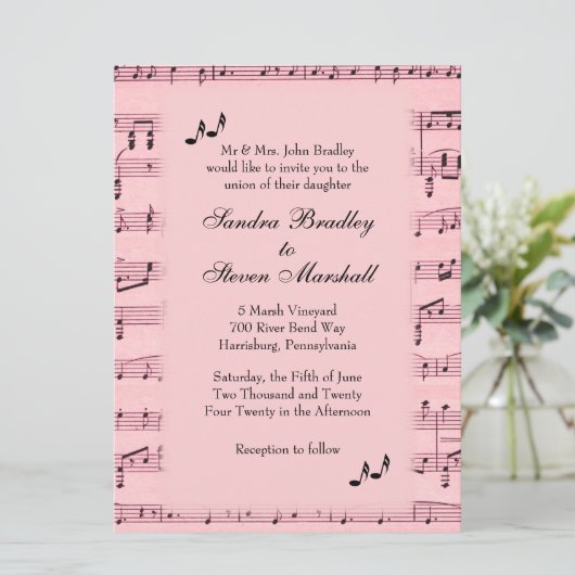 Sheet Music Pink Wedding Einladung (Stehend Vorderseite)
