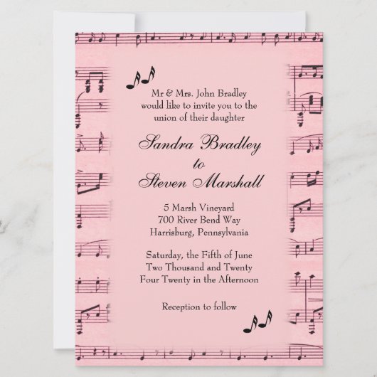 Sheet Music Pink Wedding Einladung (Vorderseite)