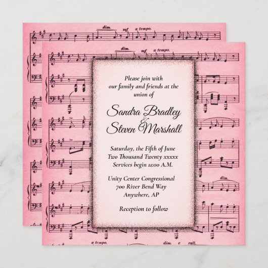 Sheet Music Pink Wedding Einladung (Vorne/Hinten)