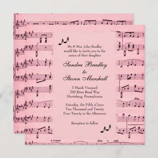 Sheet Music Pink Wedding Einladung (Vorne/Hinten)