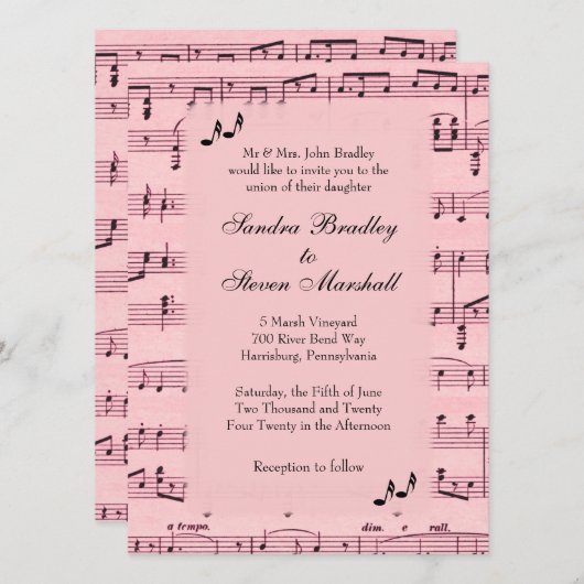 Sheet Music Pink Wedding Einladung (Vorne/Hinten)
