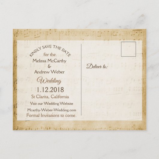 Sheet Music Save the Date Postcard Ankündigungspostkarte (Rückseite)