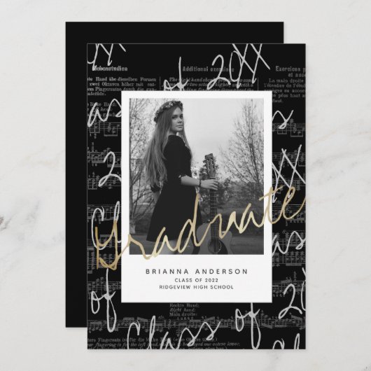 Sheet Music Script Black Foto Drive-by-Abschluss Einladung (Vorne/Hinten)