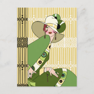 Shelby, Art Deco Dame in Gelb und Oliv der 1920er Postkarte
