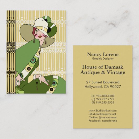 Shelby, Zwanzigerjahre Kunst-Deko-Dame im Gelb und Visitenkarte (Vorne/Hinten)