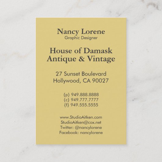 Shelby, Zwanzigerjahre Kunst-Deko-Dame im Gelb und Visitenkarte (Rückseite)