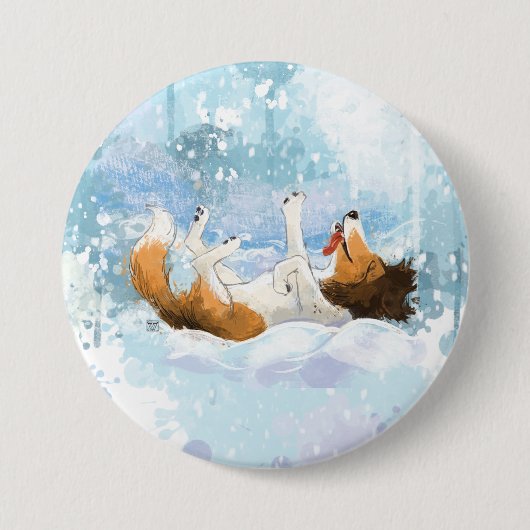 Sheldon der Sheltie spielt im Schnee Button (Vorderseite)