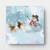 Sheldon der Sheltie und der Schneemann Fotoplatte (Vorderseite)