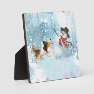 Sheldon der Sheltie und der Schneemann Fotoplatte