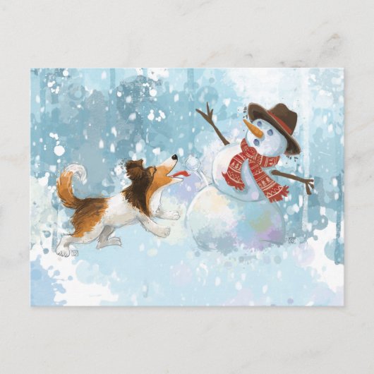 Sheldon der Sheltie und der Schneemann Postkarte (Vorderseite)
