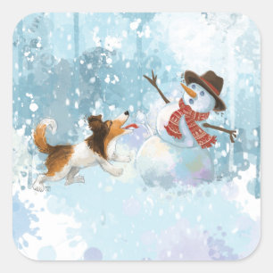 Sheldon der Sheltie und der Schneemann Quadratischer Aufkleber