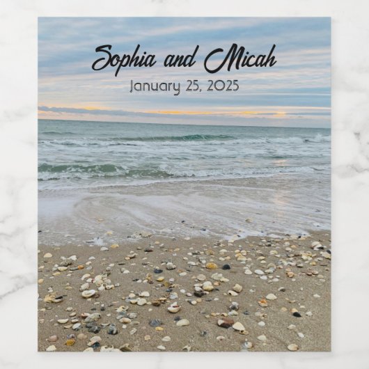 Shell Beach Sunrise Wedding Wine Bottle Labels  Weinetikett (Einzelnes Label)