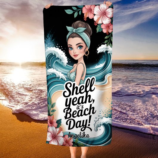 Shell Yeah It’s Beach Day Blue Ocean Wave Strandtuch