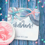 Shellabration | Aquarell Beach Starfish Seashell Rechteckiger Pappuntersetzer<br><div class="desc">Strandpapierküsten mit Aquarellfarben-Muscheln aus Seestern und einer "Let's shellabrate"-Beschriftung in schieferblauen Handschrift und einer zusätzlichen Textzeile,  die personalisiert werden kann. Kunst von KL Stock</div>