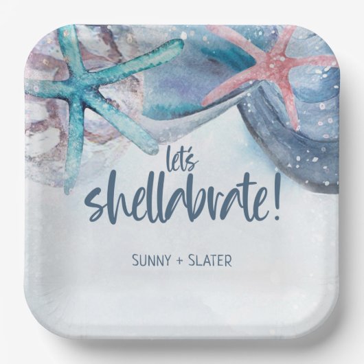 Shellabration | Wasserfarbe Strand Seestern Musche Pappteller (Vorderseite)