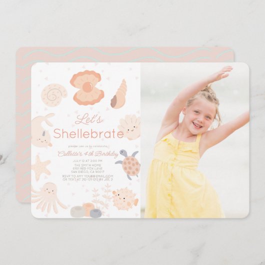 Shellebrate Seashell Pink Geburtstags-Foto Einladung (Vorne/Hinten)