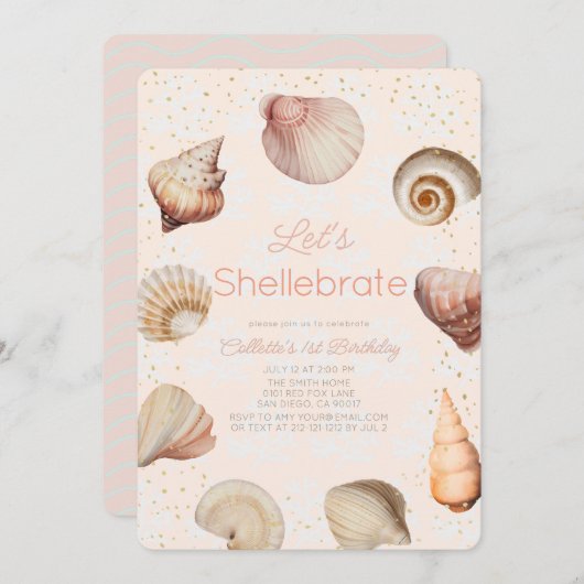 Shellebrate Seashell Realistisches Pink 1. Geburts Einladung (Vorne/Hinten)