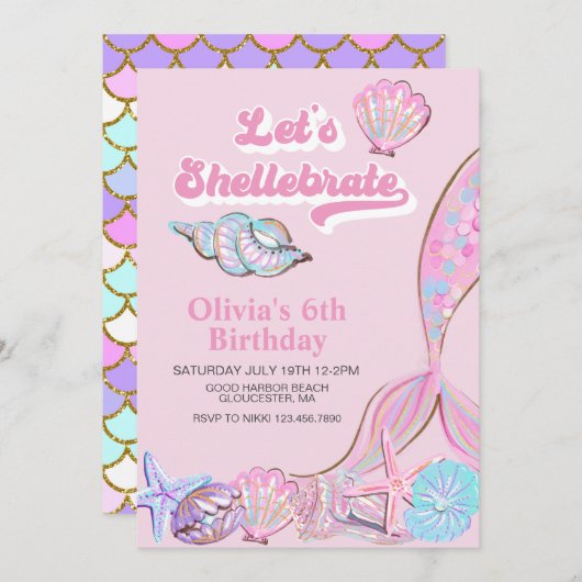 Shellebrate Seashell und Meerjungfrau zum Geburtst Einladung (Vorne/Hinten)