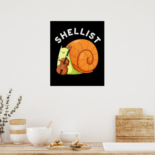 Shellist Funny Snail Cello Pun Dark BG Poster (Küche)