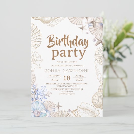 Shells Any Age Birthday Party Einladung (Stehend Vorderseite)