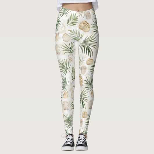 Shells Beach Green Palm Tree Leaves Leggings (Vorderseite)