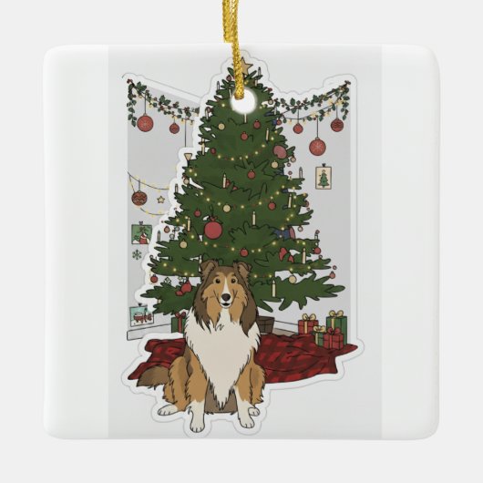 Sheltie am Weihnachtsbaum Keramikornament (Vorderseite)