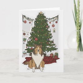 Sheltie by the Christmas tree Karte