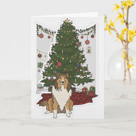Sheltie by the Christmas tree Karte (Gelbe Blume)