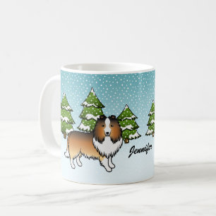 Sheltie Cartoon Dog im Winter & Name Kaffeetasse