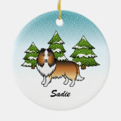 Sheltie Cartoon Dog im Winter & Name Keramik Ornament (Hinten)