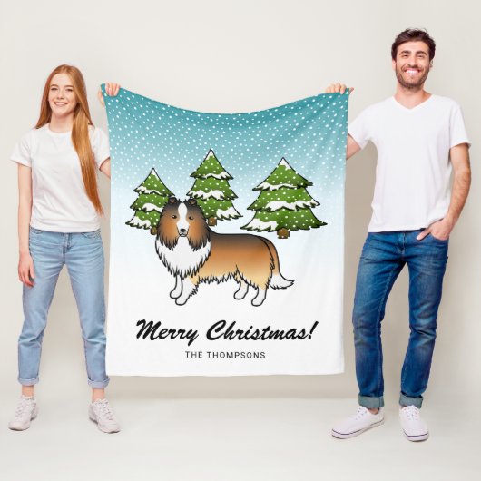 Sheltie Cartoon Dog im Winter & Text Fleecedecke (Beispiel)